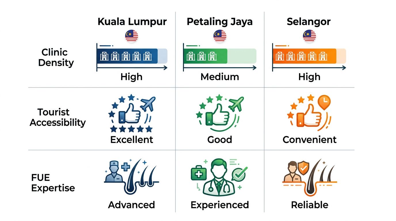 Infographic comparing clinic density, tourist accessibility, and FUE expertise for hair transplants in Kuala Lumpur, Petaling Jaya, and Selangor